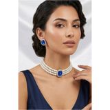 Happyline Oval Saks Mavi Taşlı Choker Kolye Küpe Takım Tasma Kolye Cam İncili Gümüş Kaplama Renkli Choker Kolye