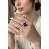 Happyline Oval Saks Mavi Taşlı Yüzük Gümüş Kaplama Yüzük Kına Yüzük Abiye Yüzük Baget Yüzük 2,5 cm