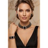 Happyline Oval Siyah Taşlı Füme Boncuklu Choker Set Takım, Füme Boncuk Kolye , Tasma Kolye ,Küpe , Bileklik , Gümüş Kaplama Tasarım Set Kolye, Abiye Takı,