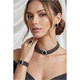 Happyline Oval Siyah Taşlı Füme Boncuklu Choker Set Takım, Füme Boncuk Kolye , Tasma Kolye ,Küpe , Bileklik ,Yüzük, Gümüş Kaplama Tasarım Set Kolye, Abiye Takı