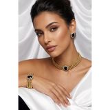 Happyline Oval Siyah Taşlı Gold Boncuklu Choker Set Takım, Gold Boncuk Kolye , Tasma Kolye ,Küpe , Bileklik , Gold Kaplama Tasarım Set Kolye, Abiye Takı,