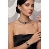 Happyline Oval Siyah Taşlı Gri Boncuklu Choker Set Takım, Gri Boncuk Kolye , Tasma Kolye ,Küpe , Bileklik , Gümüş Kaplama Tasarım Set Kolye, Abiye Takı,