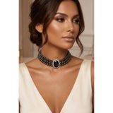 Happyline Oval Taşlı Füme Boncuklu Choker Kolye, Füme Boncuk Kolye , Tasma Kolye Gold Kaplama Tasarım Kolye, Abiye Takı,
