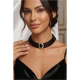 Happyline Oval Taşlı Siyah İncili Choker Kolye, Siyah Cam İncili Kolye , İnci Tasma Kolye, Gold Kaplama Tasarım Kolye, Abiye Kolye, Kolye
