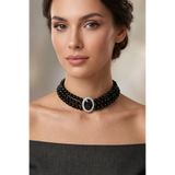 Happyline Oval Taşlı Siyah İncili Choker Kolye, Siyah Cam İncili Kolye , İnci Tasma Kolye, Gümüş Kaplama Tasarım Kolye, Abiye Kolye, Kolye