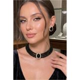 Happyline Oval Taşlı Siyah İncili Choker Kolye, Siyah Cam İncili Kolye , İnci Tasma Kolye, Kolye Küpe Takım Gold Kaplama Tasarım Set Kolye, Abiye Takı,