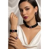 Happyline Oval Taşlı Siyah İncili Choker Set Takım, Siyah Cam İncili Kolye , Bordo Taşlı Tasma Kolye Takım, Gümüş Kaplama Tasarım Set Küpe, Kolye, Yüzük, Bileklik , Abiye Takı,