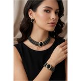 Happyline Oval Taşlı Siyah İncili Choker Set Takım, Siyah Cam İncili Kolye , İnci Tasma Kolye ,Küpe , Bileklik , Gold Kaplama Tasarım Set Kolye, Abiye Takı,