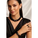 Happyline Oval Taşlı Siyah İncili Choker Set Takım, Siyah Cam İncili Kolye ,Siyah Taşlı Tasma Kolye Takım, Gold Kaplama Tasarım Set Küpe, Kolye, Yüzük, Bileklik , Abiye Takı,