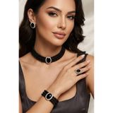 Happyline Oval Taşlı Siyah İncili Choker Set Takım, Siyah Cam İncili Kolye , Siyah Taşlı Tasma Kolye Takım, Gümüş Kaplama Tasarım Set Küpe, Kolye, Yüzük, Bileklik , Abiye Takı,