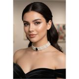 Happyline Siyah Oval Taşlı Cam İncili Choker Kolye, Tasma Kolye, Gold Kaplama Tasarım Kolye, Şık Kolye, Kolye