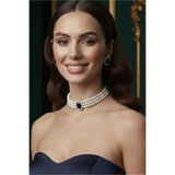 Happyline Siyah Oval Taşlı Choker Kolye Küpe Takım Tasma Kolye Cam İncili Gümüş Kaplama Renkli
