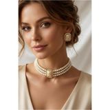 Happyline Taşlı Choker Kolye Küpe Takım Tasma Baget Kolye Cam İncili Gold Kaplama Choker Kolye Küpe