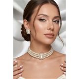 Happyline Taşlı Choker Kolye Küpe Takım Tasma Baget Kolye Cam İncili Gümüş Kaplama Choker Kolye Küpe