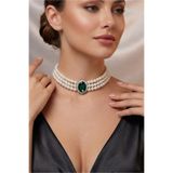 Happyline Yeşil Oval Taşlı Cam İncili Choker Kolye, Tasma Kolye, Gümüş Kaplama Tasarım Kolye, Şık Kolye, Kolye