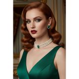 Happyline Yeşil Oval Taşlı Choker Kolye Küpe Takım Tasma Kolye Cam İncili Gold Kaplama Renkli Choker Kolye