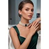 Happyline Yeşil Oval Taşlı Choker Kolye Küpe Takım Tasma Kolye Cam İncili Gümüş Kaplama Renkli Choker Kolye