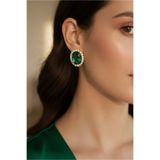 Happyline Yeşil Oval Taşlı Küpe Choker Tasma Gold Kaplama Kına Küpe Abiye Küpe 2,5 cm