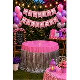 HAPPYLOOPPARTY Pembe Gümüş Bahçe Doğum Günü Süsleme Seti 20 Balonlu Happy Birthday Bannerlı Masa Etekli Parti Seti