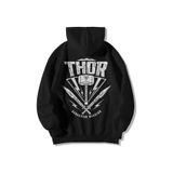 Harajuku Style Siyah Kadın Erkek Oversize Kapşonlu Kanguru Cepli Thor Baskılı Sweatshirt