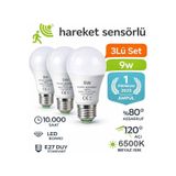 Hareket Sensörlü Led Lamba 3 Adet Let Ampül Beyaz Işık 9W %80 Tasarruflu Otomatik Yanıp Söner