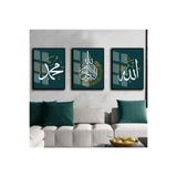 Harika bir ev |Allah-Hzmuhammed-Ayetelkursi Gold-Turkuaz |Çerçeveli Cam Tablo 3Lü Dikey,Siyah 50 x 70