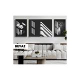 Harika bir ev |Elegant Siyah&Beyaz Set Vazoda Çiçek Model|Çerçeveli Temperli Cam Tablo 3Lü Yatay,Beyaz 60 x 190