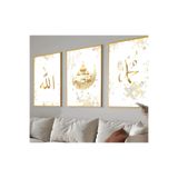 Harika bir ev |Gold Allah-Cami Ay-Muhammed İslami Kombini |Çerçeveli Cam Tablo 3Lü Dikey,Gold 20 x 30