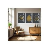 Harika bir ev |Gold Damla Desen Ayetel Kürsi-Allah-Muhammed Kombin|Çerçeveli Cam Tablo 3Lü Dikey,Gümüş 30 x 40