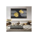 Harika bir ev | Gri-Altın Devetabanı Yaprak Modeli (Bohem) |Çerçeveli Temperli Cam Tablo Tekli Yatay,Gold 40 x 60