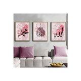 Harika bir ev |Hz Muhammed-Allah(Cc)-Ayetel Kursi Kombini Pembe|Çerçeveli Cam Tablo 3Lü Dikey,Gold 50 x 70