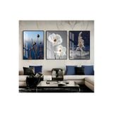 Harika bir ev |Lacivert-Gümüş 7 Şık Çiçekler Ve Püskül |Çerçeveli Temperli Cam Tablo 3Lü Dikey,Siyah 20 x 30