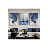 Harika bir ev |Lacivert-Gümüş Sevilen Çiçek Ve Yelkenli Kombini |Çerçeveli Cam Tablo 3Lü Dikey,Gold 40 x 60