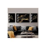 Harika bir ev |Siyah-Gold Soyut-Yaprak Kombini 03|Çerçeveli Temperli Cam Tablo 3Lü Yatay,Beyaz 60 x 190