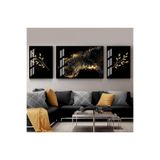 Harika bir ev |Siyah-Gold Soyut-Yaprak Kombini 03|Çerçeveli Temperli Cam Tablo 3Lü Yatay,Siyah 60 x 190