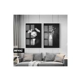Harika bir ev |Siyah&Beyaz Set Vazoda Çiçek Modern Kombini|Çerçeveli Cam Tablo 2Li Dikey,Beyaz 40 x 60