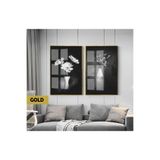 Harika bir ev |Siyah&Beyaz Set Vazoda Çiçek Modern Kombini|Çerçeveli Cam Tablo 2Li Dikey,Gold 50 x 70
