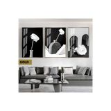 Harika bir ev |Siyah&Beyaz Set Vazoda Gül Bohem Kombini|Çerçeveli Cam Tablo 3Lü Dikey,Gold 50 x 70