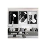 Harika bir ev |Siyah&Beyaz Set Vazoda Gül Bohem Kombini|Çerçeveli Cam Tablo 3Lü Dikey,Gümüş 30 x 40