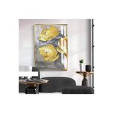 Harika bir ev |Soft Gri-Sarı Gül Desenli Model 2|Çerçeveli Temperli Cam Tablo Tekli Dikey,Gold 40 x 60