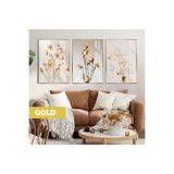 Harika bir ev |Soft Krem Çiçeği-Gül Kombini |Çerçeveli Cam Tablo 3Lü Dikey,Gold 50 x 70