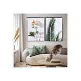 Harika bir ev |Yaprak Ve Şakayık Çiçeği Kombin (Peony) |Çerçeveli Cam Tablo 2Li Dikey,Siyah 40 x 60