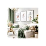 Harikabirev Harikabirev|Soft Gri-Krem Minimalist Çiçekli Set|Çerçeveli Cam Tablo 3Lü Dikey