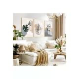 Harikabirev Harikabirev|Soft Gri-Krem Minimalist Yapraklı Set|Çerçeveli Cam Tablo 3Lü Dikey