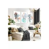 Harikabirev Harikabirev|Soft Gri Mavi Minimalist Yapraklı Set 04 |Çerçeveli Cam Tablo 3Lü Dikey