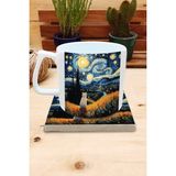 Harikapoli Kediler ve Sanat/van Gogh Yıldızlı Gece The Starry Night Set 10 - Yelken Fincan Kupa-Taş Bardak Altlığı 2 - Karışık İşleme