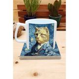 Harikapoli Kediler ve Sanat/van Gogh Yıldızlı Gece The Starry Night Set 10 - Yelken Fincan Kupa-Taş Bardak Altlığı 5 - Karışık İşleme