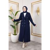 Harma Time Butik Kadın Astarlı Düğmeli Cepli Uzun Lacivert Kaşe kaban - 48