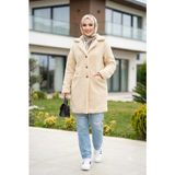 Harma Time Butik Kadın Astarlı Düğmeli Kruvaze Bej Peluş Kaban - 44