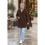Harma Time Butik Kadın Astarlı Düğmeli Kruvaze Kahverengi Peluş Kaban - 38